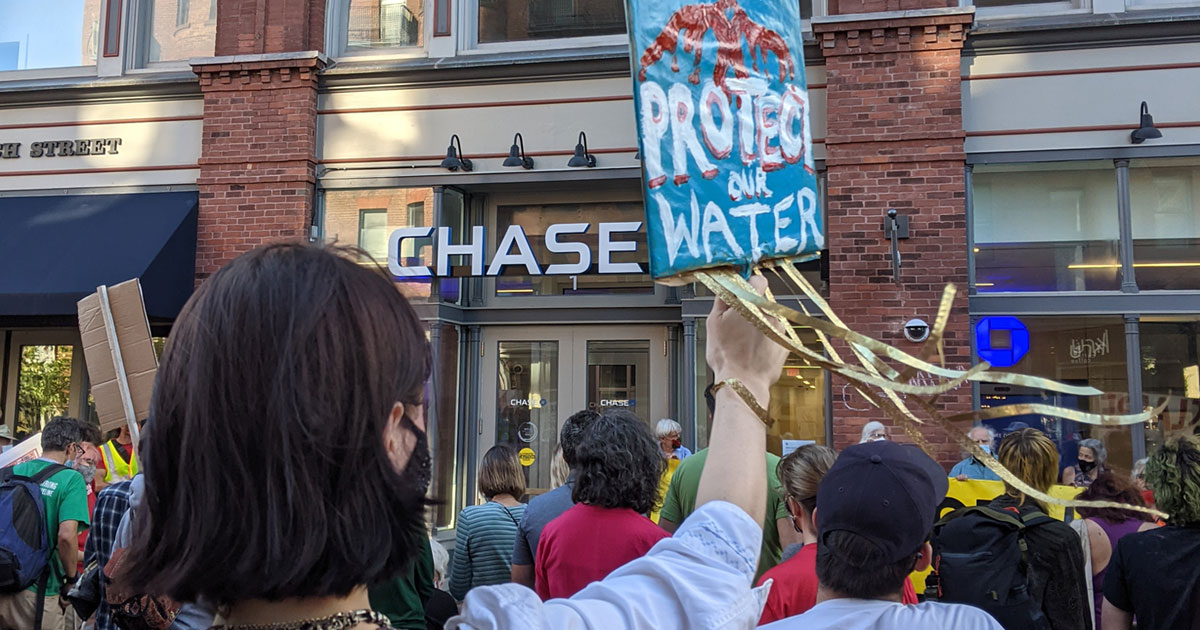 Protesters outside Chase Bank in Burlington, Vermont, September 24, 2021.