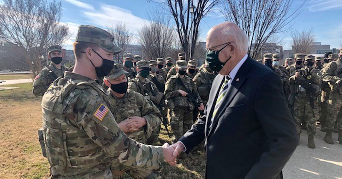 Senator Pat Leahy with Vermont National Guard members in Washington, DC in January 2021.