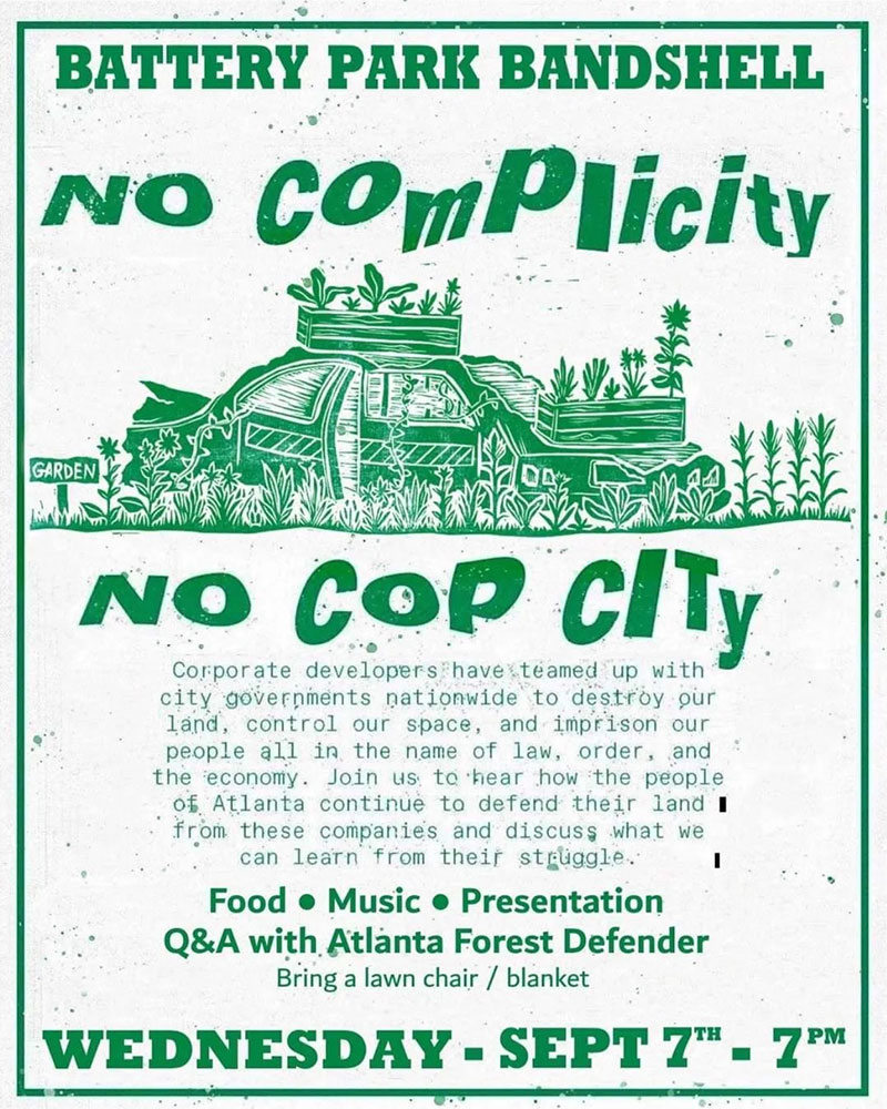 No Complicity No Cop City event poster