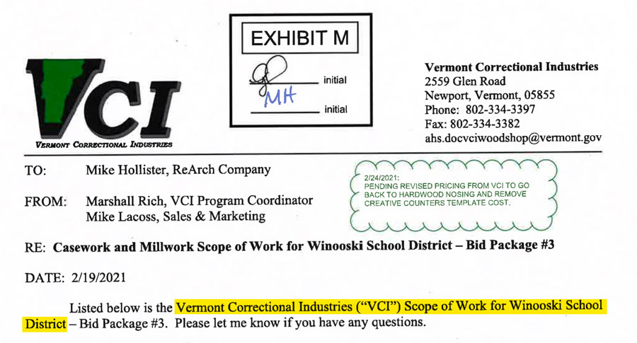 Screenshot of scope of work document, reading in part - Listed below is the Vermont Correctional Industries (VCI) Scope of Work for Winooski School
District - Bid Package #3.