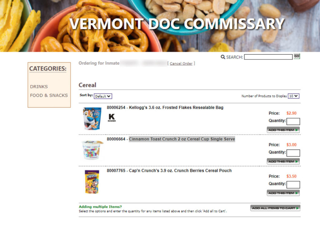 Vermont DOC Commissary online purchase interface