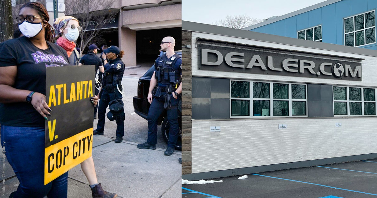 Left: cop city protesters, Right: dealer.com offices