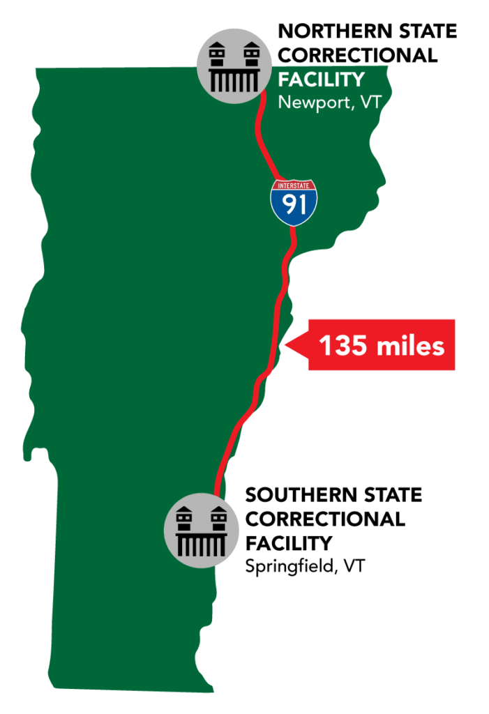 Map showing Northern State Correctional Facility in Newport and Southern State Correctional Facility in Springfield, and the interstate 95 driving route between them, measuring 135 miles.