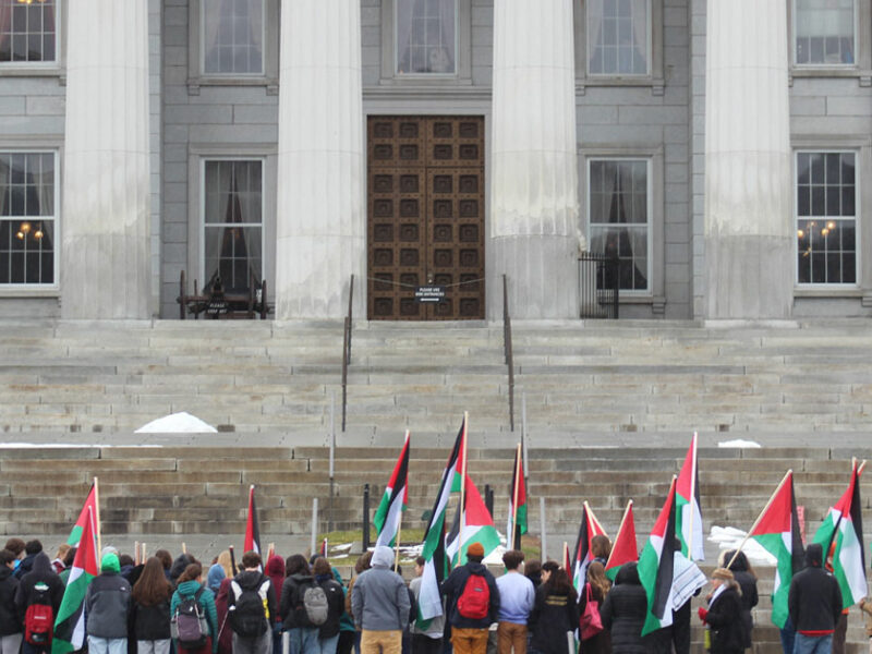 Montpelier high school students gather outside the capitol building to protest the genocide in Gaza.