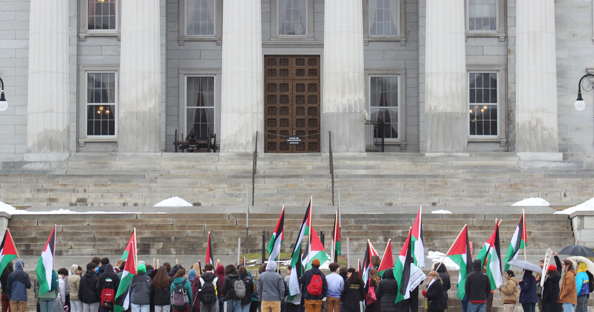 Montpelier high school students gather outside the capitol building to protest the genocide in Gaza.